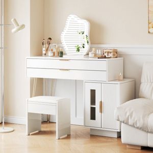 Kaptafel met LED-verlichte spiegel, witte kaptafelset met uitschuifbaar design, moderne kaptafel voor de slaapkamer - Afmetingen:B100/H78/D40 cm (zonder kruk)