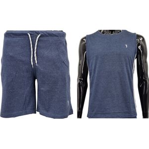 Hitman – Korte Broek Heren - 2 Delige Set - Korte Broek met Ritszakken - Sportkleding Heren - Huispak Heren - 100% Katoen - 1 x Korte Broek en 1 x Heren Hemd - Denim Blauw - Maat S