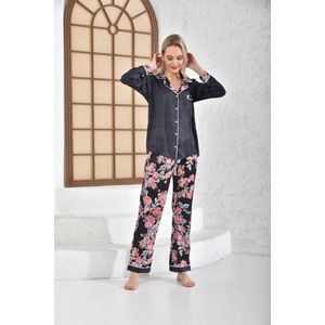 Satijn Dames 2- Delige -Pyjama- Luxe Pyjamaset- Nachtkleding Zwart Bloemen Print Maat M