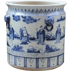 The Ming Garden Collection | Chinees Porselein | Grote Porseleinen Bloempot Met De Acht Onsterfelijken | Blauw & Wit