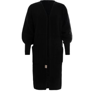 Knit Factory Patty Lang Gebreid Vest Zwart - Gebreide dames cardigan - Lang vest tot over de knie - Zwart damesvest - Pofmouw - 30% wol en 70% acryl - 36/38