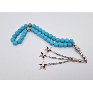 Handgemaakte natuursteen tesbih met tassel 925 zilver -"" Turkoois "" - met 925 Zilver Kwastjes - Aantal kralen 33 - Diameter kralen 8MM