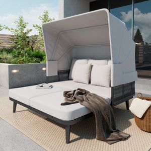 Tuinmeubelen voor 2 personen, strandstoel, ligstoel, zonnebed, uitschuifbaar zonnescherm, gegalvaniseerd stalen frame, 10 cm dikke kussens, handgeweven touw, grijs