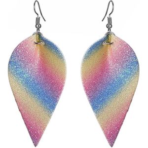 Fako Bijoux® - Oorbellen - Omgekeerde Druppel - Glitter - Kunstleer - Soft Regenboog