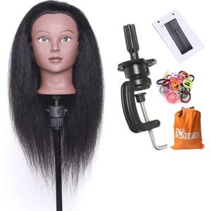 Mannequin hoofd met echt haar voor kappers - Oefenhoofd 50 cm met klem standaard voor trainingsdoeleinden