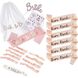 Alles in 1 Vrijgezellenfeest Starterspakket - Compleet incl. Bride to be Sjerp, Sluier, Arm bandjes, Team Bride Sjerpen 6pcs, Tattoo Stickers - Bride to be Pakket - Vrijgezellenfeest Vrouw - Vrijgezellenfeest accessoires - Vrijgezellenfeest decoratie