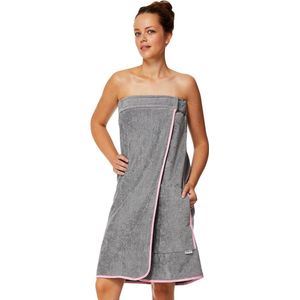 Saunakilt voor dames, 100% biologisch katoen, saunahanddoek met klittenbandsluiting en elastiek, saunahanddoek knielang, 80 x 130 cm, grijs/roze