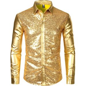 Sprankelende glitter Party Blouse - Stijlvol - Feest - Overhemd - Knoopjes - Goud - Leuke outfit - Voor hem - Mannen