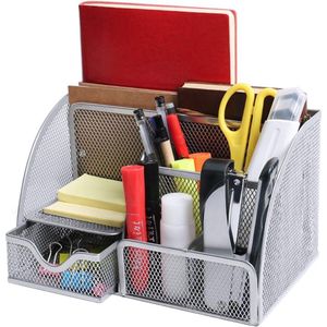 Bureauorganisatoren, Office Mesh Bureau Tidy Organizer 6 componenten pennenhouder met lade multifunctionele stationaire organizer zilver