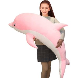 Dolfijn knuffeldier, knuffeldier, dolfijn, pluche kussen, superzacht zeedier, pluche speelgoed, poppen voor jongens en meisjes, slaapkussen, cadeau (100 cm, roze)