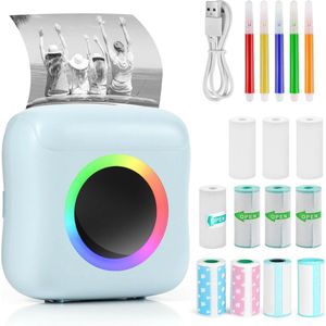 Mini Printer – Inclusief Thermisch/Zelfklevend/Etiket-Papier, USB-kabel, Aquarelpen, Transparant Sticke – Foto Printer Draadloos – Mobiele Fotoprinter - Blauw