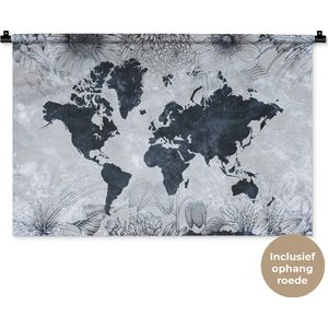 Wandkleed WereldkaartenKerst illustraties - Donkerblauwe wereldkaart met verfpatroon versierd met illustraties van bloemen Wandkleed katoen 90x60 cm - Wandtapijt met foto