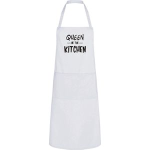 Keukenschort Queen of the Kitchen - One Size - Wit - moederdag cadeau - mama cadeau - cadeau voor haar - cadeau voor moeder - keukenschort met tekst