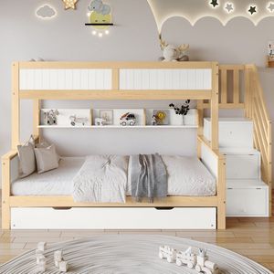 Stapelbed - babybedje met valbeveiliging en rail - 3 bedden - met opklapbed - met kledingkast - hoektrap - wit naturel - 90x200&90x190&120*200cm