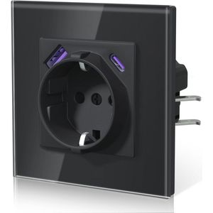 Wandcontactdoos met USB en Type C - 20W Snellader - Glazen Afwerking - 86mm Zwart
