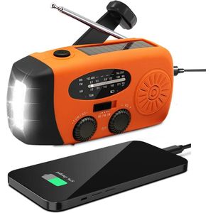 Nood Radio Op Batterijen (Accu) Voor Rampen - Knijpkat - Noodfluit - Radio Opwindbaar - Noodradio - Solar Opwindbaar - Multifunctionele Noodradio - Survival Radio - Zaklamp / Powerbank - Noodpakket - Noodpakket voor Thuis - Draagbare Radio - Oranje