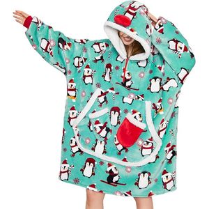Oversized Hoodie Deken met Mouwen & Capuchon – Extra Warm en Comfortabel – Unisex Loungewear met Grote Zak – Groen met Kerst print