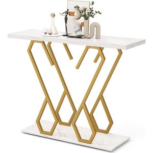 Consoletafel, entreetafel, marmerlook, smal met metalen frame in vlindervorm, bijzettafel goud + wit, 100 x 30 x 79 cm, voor woonkamer, kantoor en entree