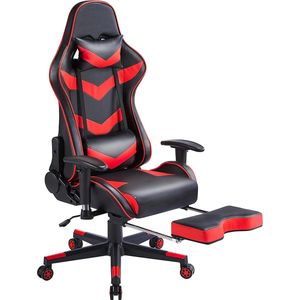 FURNIBELLA - Gamingstoel, racestoel, ergonomische draaistoel, in hoogte verstelbaar, pc-stoel met voetensteun, hoge rugleuning met verstelbare armleuningen, 150 kg