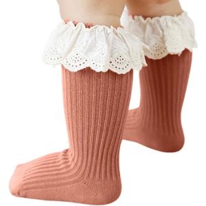 Baby hoge sokken met kant - Roest bruin