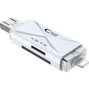 8-Pin (Lightning) + USB + Micro-USB naar SD + Micro-SD (tf) kaartlezer adapter kabel connector - cardreader - geheugenkaart lezer - voor o.a. iPhone en laptop - wit