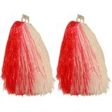 2x Stuks cheerball/pompom rood/wit met ringgreep 33 cm - Cheerleader verkleed accessoires