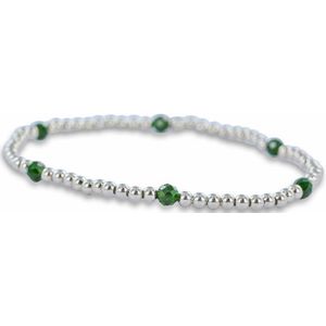 Silventi 9SIL-21162 Zilveren Armband met Bolletjes - Groene Zandsteen - 18 cm - 4 + 3 mm Doorsnee - Rekbaar - Rhodium - Zilver - Groen