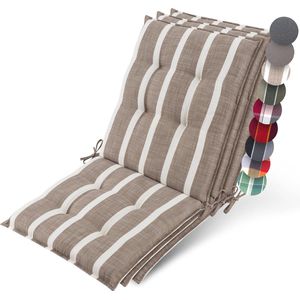 Beautissu Sun-NL – Set van 3 Premium Lage Rugleuning Kussen 100x50 cm - UV-bestendig & 8cm Dik Kussen Tuinstoelkussen Antislip Bevestigingsbanden – Stevige Stof Beige Blanc Gestreept
