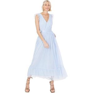 Maxi Jurk V-hals Mouwloze Frilly Voor Bruiloft Gast Bruidsmeisje en Prom Lange Hoge Taille Gelaagd Dames Gekleed