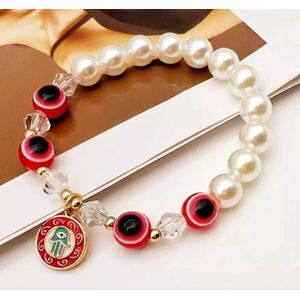 Leerella - Parel Armband - Rood- wit- Dames - Zoetwater parel- Elastiek zoetwater parels met hangertje Valentijnsdag - Moederdag