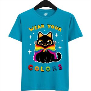 Schattige Pride Vlag Kat - Unisex T-Shirt Mannen en Vrouwen - LGBTQ+ Suporter Kleding - Gay Progress Pride Shirt - Rainbow Community - T-Shirt - Unisex - Aqua Blauw - Maat L