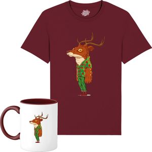 Kris het Kerst Hert - Foute Kersttrui Kerstcadeau - Dames / Heren / Unisex Kleding - Grappige Kerst Avond Outfit - Unisex T-Shirt met mok - Burgundy - Maat XL