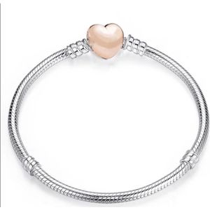 Verzilverde Bedelarmband | 18 cm | Hart Rose Gold |Moederdag Cadeau | Gemaakt voor de 3 MM Bedels van alle bekende merken | EmmyRovi