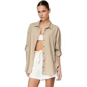 Trendyol Beige Oversized Katoenen Linnen Geweven Overhemd Met Lage Mouwen Twoss24Go00057