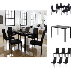 vidaXL Eetkamerset - 7-delig - Zwart - Gehard glas - Kunstleer - Set tafel en stoelen