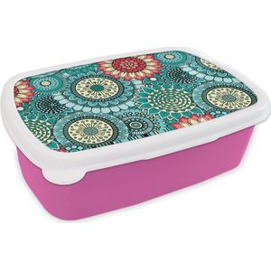 Broodtrommel Roze - Lunchbox - Brooddoos - Meisjes - Bloemen - Patronen - Girl - Kids - Kinderen - 18x12x6 cm - Kinderen - Meisje