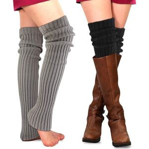 2 Pairs Winter Leg Warmers Thigh High Socks Over Knee Footless Socks Knitted Long Boot Cuffs Topper Socks for Women, Black, Grey, One Size, Multicolour