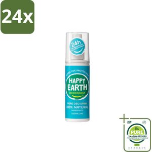 Happy Earth – Deodorant Spray – 100% Natuurlijk Cedar Lime – 100 ml - Voordeelverpakking - 24 stuks - Deodorant spray - Fris geur
