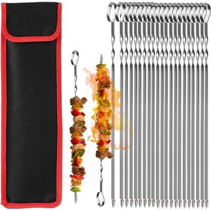 Grillspiesen - 20 stuks - 36 cm - roestvrij staal - platte sjasliekspiesen - nylon zak - lange grill kabob spiesen - vleessspiesen - grillaccessoires - kampvuur - grillschaal