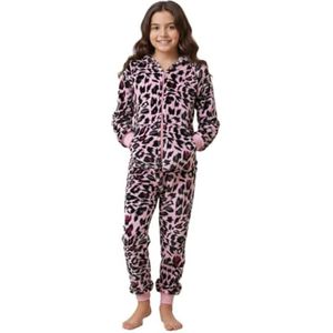 Meisjes Onesie Luipaard Pyjama Set Capuchon Jumpsuit voor Kinderen 5-13 Jaar