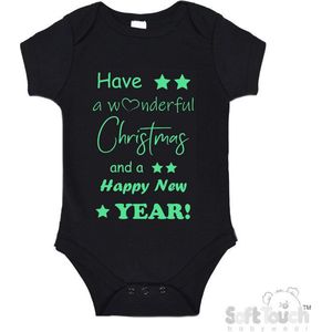 100% katoenen Romper ""Have a wonderful Christmas and a happy New year!"" Kerst Kerstmis Nieuwjaar Unisex Katoen Zwart/mint Maat 62/68