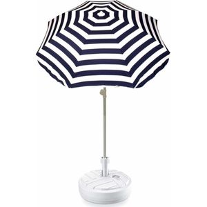 Blauw gestreepte lichtgewicht strand/tuin basic parasol van nylon 180 cm + vulbare parasolvoet wit van plastic