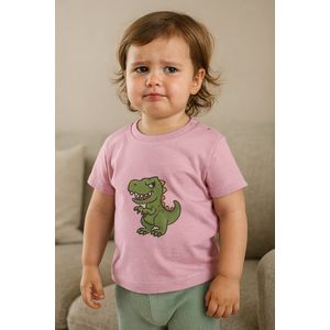 Baby T-Shirt “Dino” – Roze – Unisex Shirtje met Stoere Opdruk – 6-12 Maanden – Perfect Cadeau