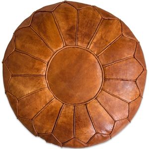 Poef Rond (XL) - Cognac Brown - Poef Leer - Handgemaakt - Ø60 x 35cm - Gevuld geleverd