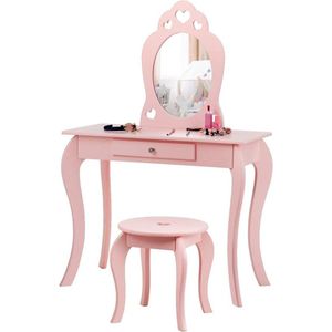 Kindermake-uptafel houten meisjeskaptafel met kruk en spiegel - roze - 70 x 34 x 105 cm make up tafel