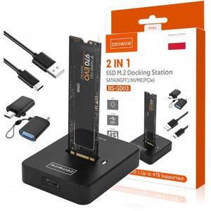 Zenwire Schijfbehuizing BS-SD03 - Hardeschijfbehuizingen M.2 SSD docking station - Adapter M.2 2in1 SATA NGFF PCIe NVME - USB type C 3.1 - USB 3.0 10GB/s - Hardeschijf Behuizing - M.2 SSD Behuizing- Pocket PCIe M.2 schijf - 2230/2242/2260/2280