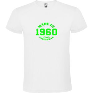 Wit T-Shirt met “Made in 1960 / 100% Original “ Afbeelding Neon Groen Size M