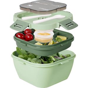 Saladecontainer, lunchtrommel, bento box voor lunch, 3 vakken voor salade en snacks, slakom met dressinghouder, lekvrij, magnetronbestendig, 1500 ml, donkerblauw