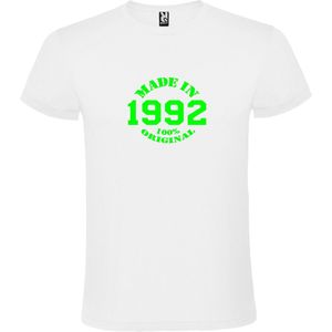 Wit T-Shirt met “Made in 1992 / 100% Original “ Afbeelding Neon Groen Size L