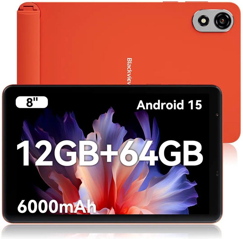 Blackview ZENO 1 Tablet - 8 inch Android 15 Tablet - 12 GB RAM+64 GB ROM(2TB TF) - T615 8-Kern KI-Chip - 4G LTE+WiFi 5G - 6000mAh - Face ID - Widevine L1 - BT5.2 - Oranje